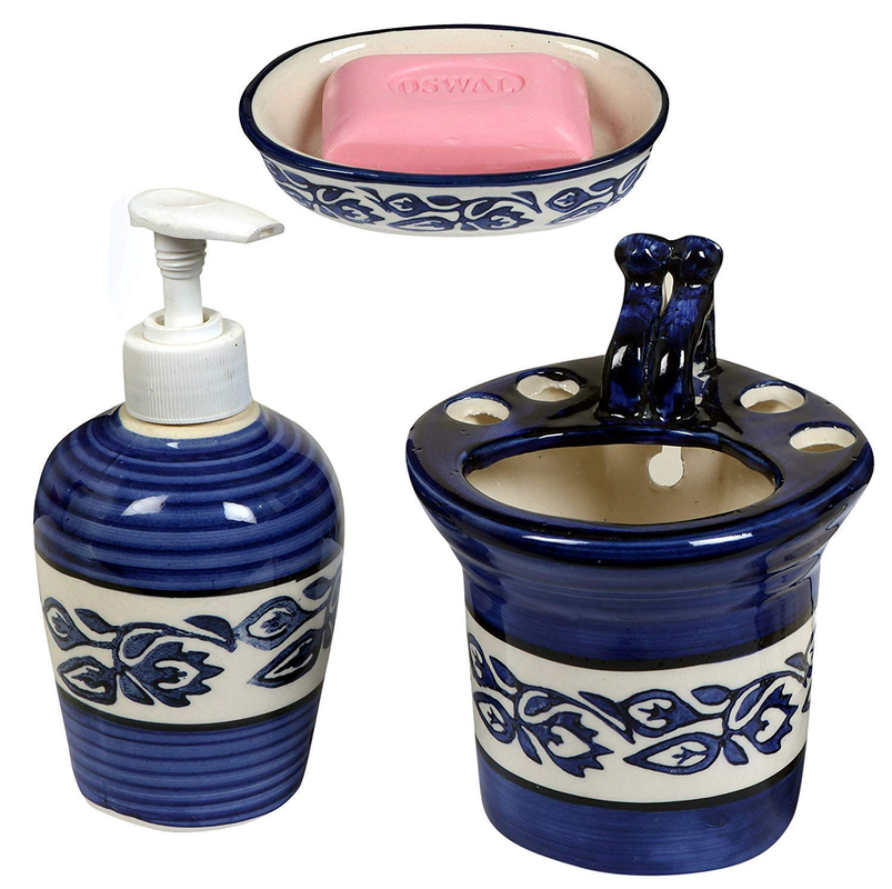 RAJ ROYAL Ceramic Bathroom Accessory Holder for Home - Soap Dish/Shop Dispenser Toothbrush Holder Bathroom Set (Blue, Set of 3)