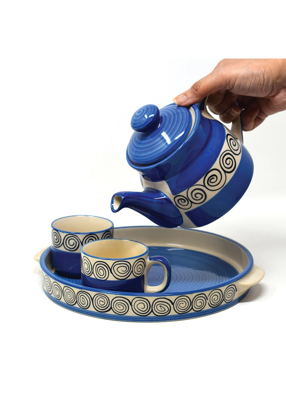 Blue Swirl Hand painted Morning Tea Set 2 Cups | 2 Cups | 1 Kettle | 1 Tray
