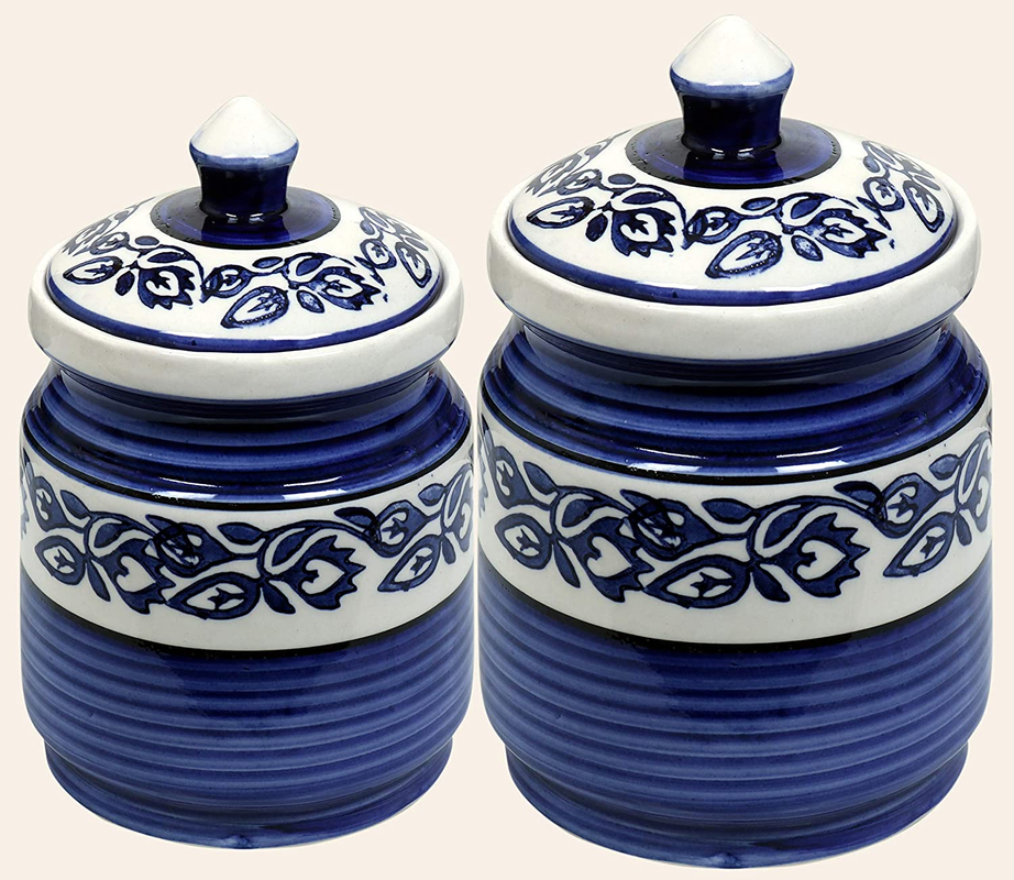 RAJ ROYAL Blue Pottery Hand Painted Cornichon Storage Jar Container with Lid Mughal Ceramic Food Storage Multipurpose Storage Container for Home - 1 Piece, Blue