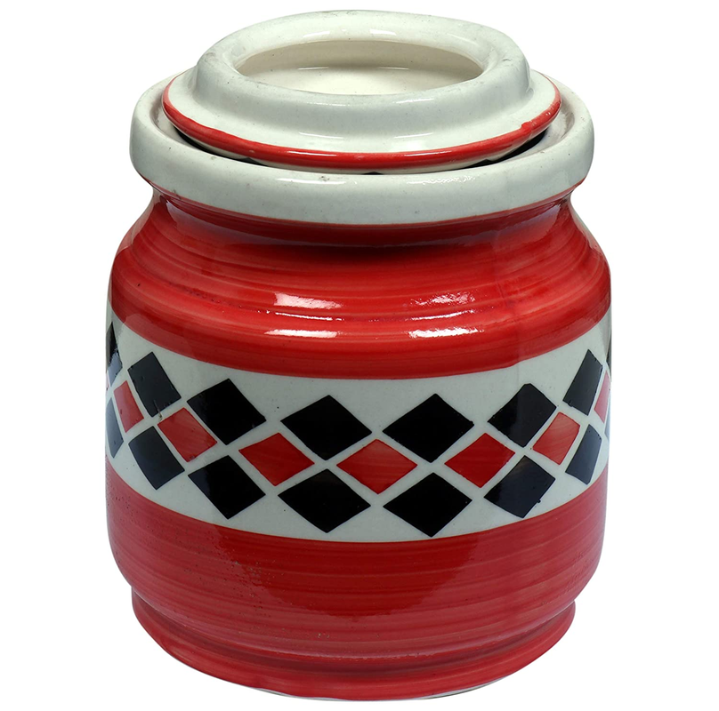 RAJ ROYAL Red Pottery Hand Painted Cornichon Storage Jar Container with Lid Mughal Ceramic Food Storage Multipurpose Storage Container for Home (Red, 750 Gram)