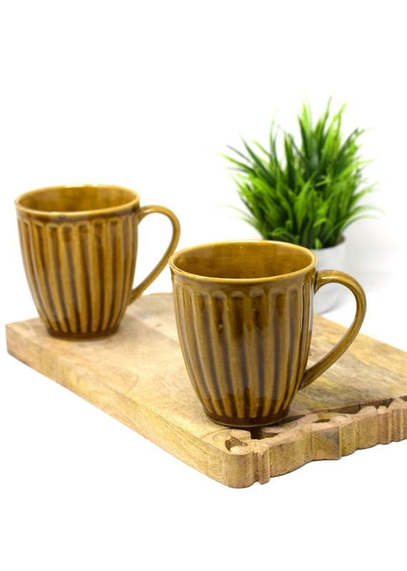 Rustic Tan Yellow Grooved Mugs- Set of 2