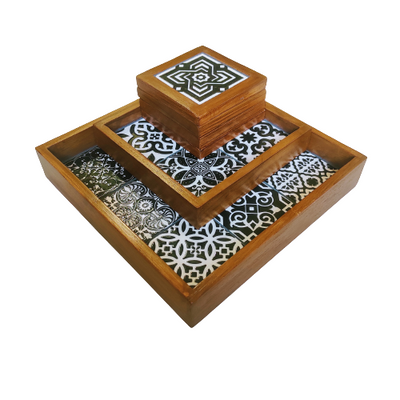 Black & White Trays Coasters Serving Set (with 2 trays and 4 coasters) with CeramicTile Inlay with teakwood framing, handcrafted serving set