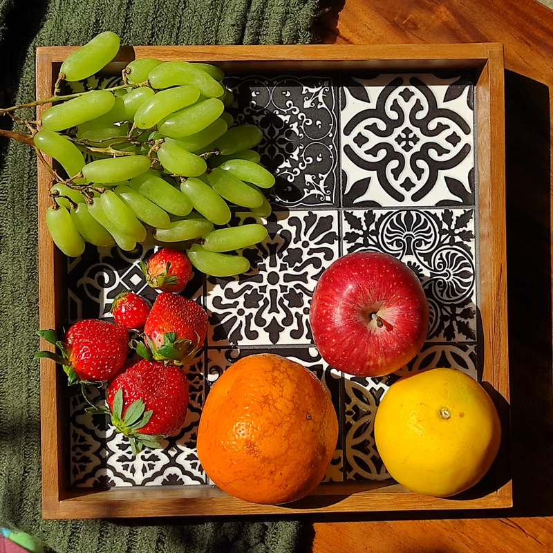 Teakwood Tray (10"x10") with Black & White patterned Ceramic Tiles, Desk Organizer,  Decorative tray, platter, Multipurpose Tray